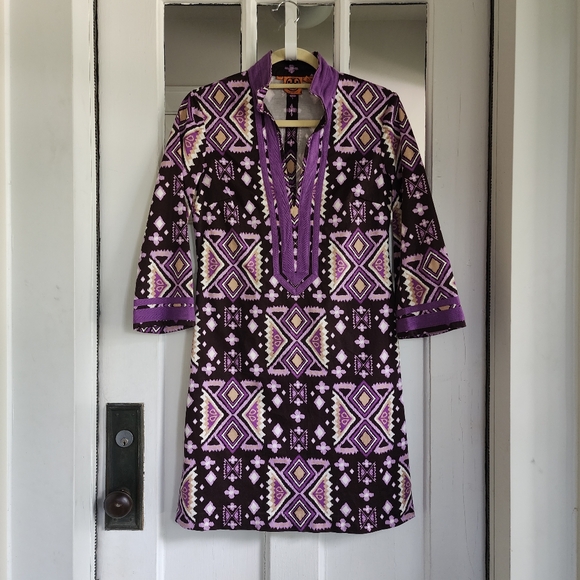 Tory Burch Dresses & Skirts - Tory Burch Purple Ikat Stretch Cotton 3/4 Sleeve Geometric Tunic Dress